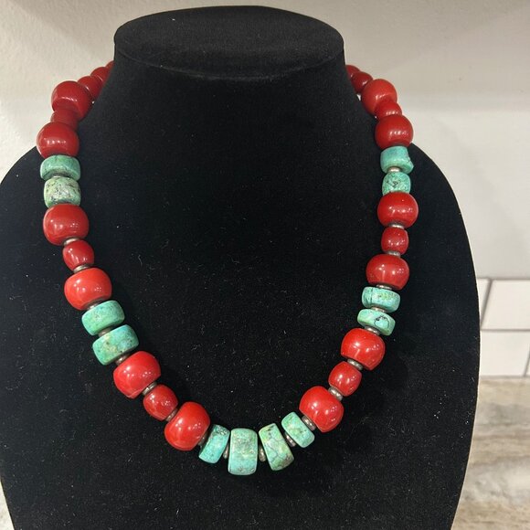 Vintage Turquouise and Red Bead Necklace - Picture 1 of 5
